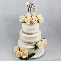 Wedding Cake - Semi Naked 3 Tier Cake Flowers Silk